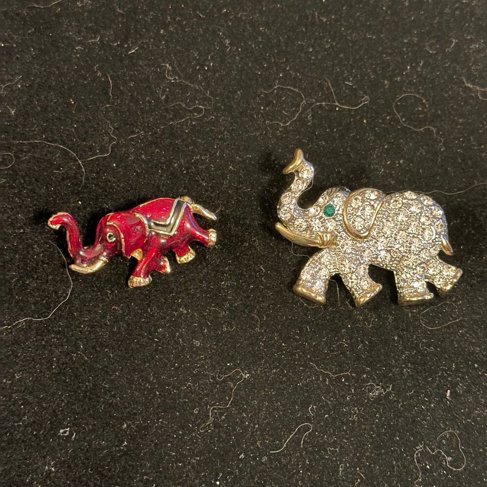 VTG Elephant Brooch Lot Rhinestone & Red Enamel Gold Tone Costume Jewelry Pins